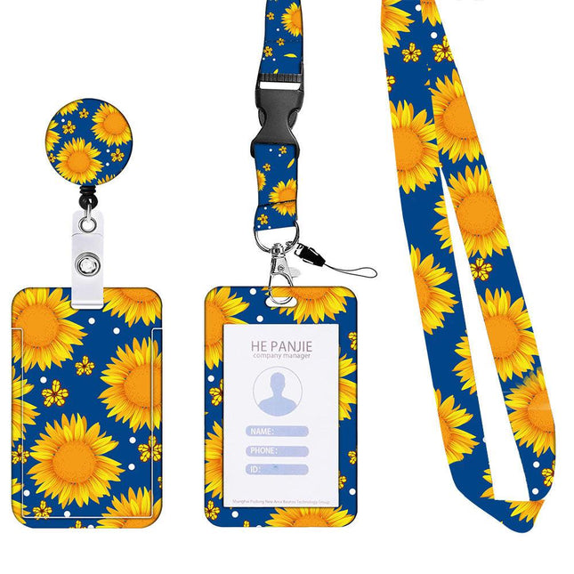 2 Pcs Yellow and Blue Sunflower Patterns Retractable Badge Reel & ID Card Holder Set with Lanyard - Durable ABS Plastic.