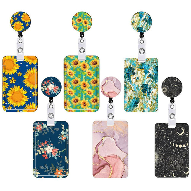 2 Pcs Yellow and Blue Sunflower Patterns Retractable Badge Reel & ID Card Holder Set with Lanyard - Durable ABS Plastic.