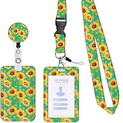 2 Pcs Yellow and Green Sunflower Patterns Retractable Badge Reel & ID Card Holder Set with Lanyard - Durable ABS Plastic.