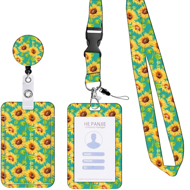 2 Pcs Yellow and Green Sunflower Patterns Retractable Badge Reel & ID Card Holder Set with Lanyard - Durable ABS Plastic.