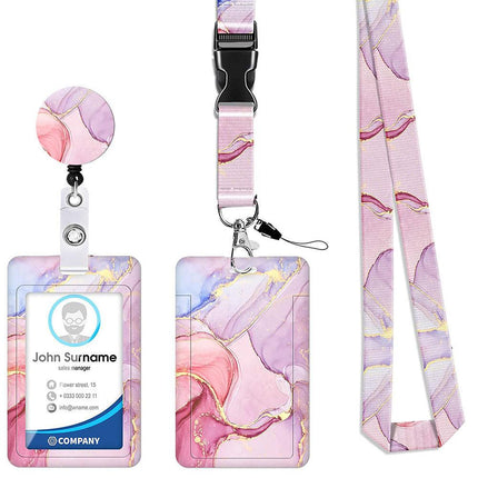 2 Pcs Pink Geometric Patterns Retractable Badge Reel & ID Card Holder Set with Lanyard - Durable ABS Plastic.