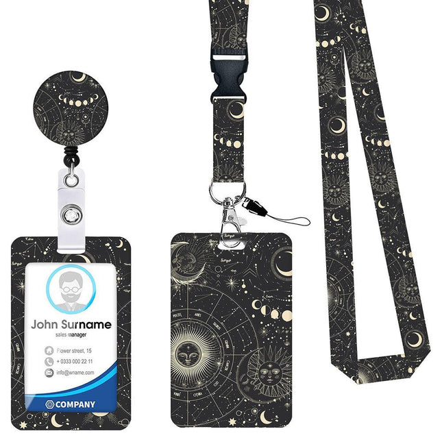 2 Pcs Black Star and Moon Pattern Retractable Badge Reel & ID Card Holder Set with Lanyard - Durable ABS Plastic.