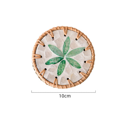 4 Pcs Beige Background With Green flower Handcrafted Rattan Coaster with Natural Shell Inlay - Decorative & Heat Insulating Drink Mat.