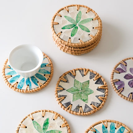 4 Pcs Beige Background With Green flower Handcrafted Rattan Coaster with Natural Shell Inlay - Decorative & Heat Insulating Drink Mat.