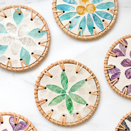 4 Pcs Beige Background With Green flower Handcrafted Rattan Coaster with Natural Shell Inlay - Decorative & Heat Insulating Drink Mat.