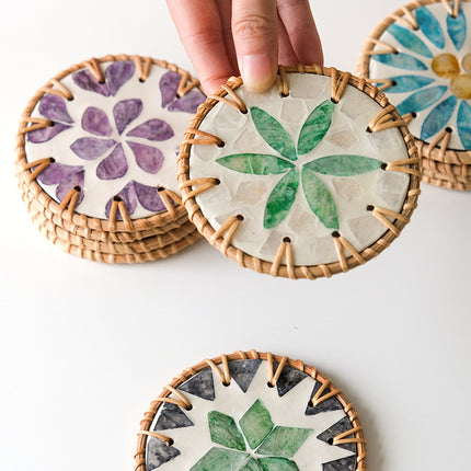 4 Pcs Beige Background With Green flower Handcrafted Rattan Coaster with Natural Shell Inlay - Decorative & Heat Insulating Drink Mat.