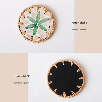 4 Pcs Beige Background With Green flower Handcrafted Rattan Coaster with Natural Shell Inlay - Decorative & Heat Insulating Drink Mat.