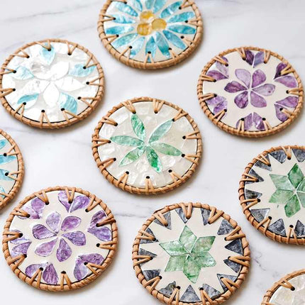 4 Pcs Beige Background With Green flower Handcrafted Rattan Coaster with Natural Shell Inlay - Decorative & Heat Insulating Drink Mat.