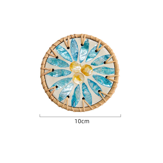 4 Pcs Beige Background With Blue flower Handcrafted Rattan Coaster with Natural Shell Inlay - Decorative & Heat Insulating Drink Mat.