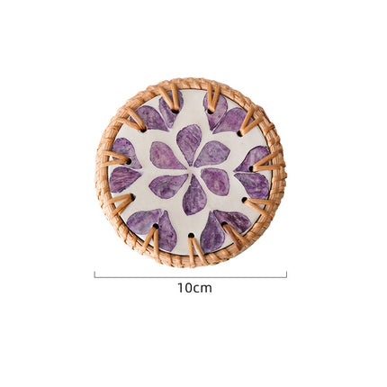 4 Pcs Beige Background With Purple flower Handcrafted Rattan Coaster with Natural Shell Inlay - Decorative & Heat Insulating Drink Mat.