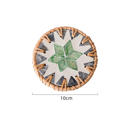 4 Pcs Beige Background With Green flower Handcrafted Rattan Coaster with Natural Shell Inlay - Decorative & Heat Insulating Drink Mat.