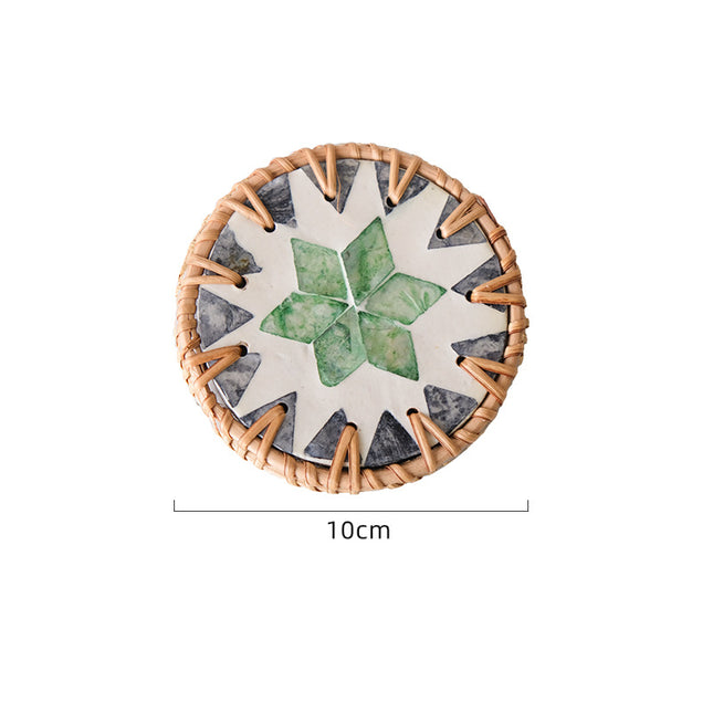 4 Pcs Beige Background With Green flower Handcrafted Rattan Coaster with Natural Shell Inlay - Decorative & Heat Insulating Drink Mat.