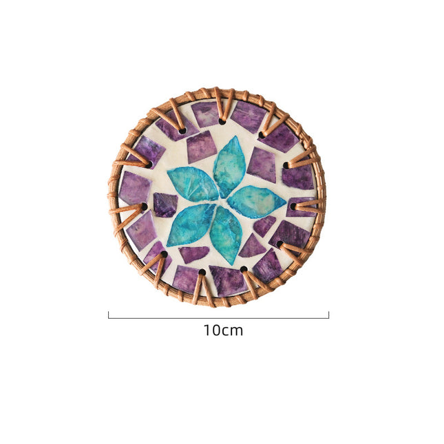 4 Pcs Beige Background With Blue and Purple flower Handcrafted Rattan Coaster with Natural Shell Inlay - Decorative & Heat Insulating Drink Mat.