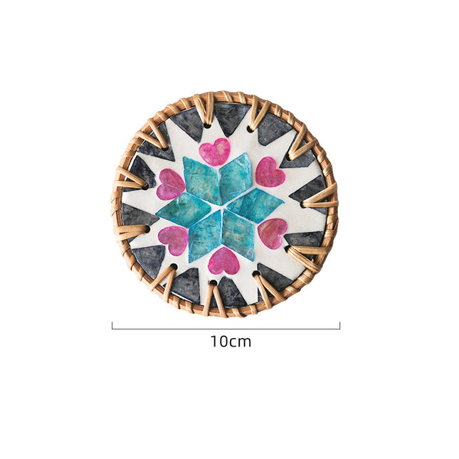 4 Pcs Beige Background With Blue and Pink flower Handcrafted Rattan Coaster with Natural Shell Inlay - Decorative & Heat Insulating Drink Mat.