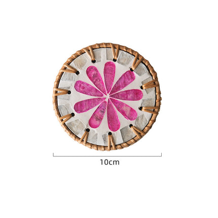 4 Pcs Khaki Background With Pink flower Handcrafted Rattan Coaster with Natural Shell Inlay - Decorative & Heat Insulating Drink Mat.