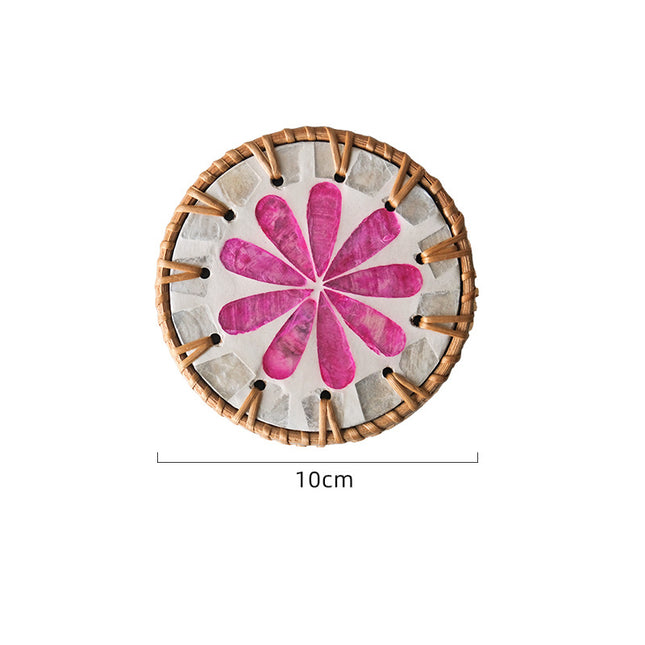 4 Pcs Khaki Background With Pink flower Handcrafted Rattan Coaster with Natural Shell Inlay - Decorative & Heat Insulating Drink Mat.