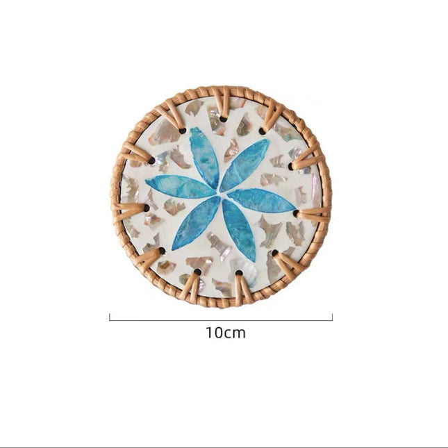 4 Pcs Khaki Background With Blue flower Handcrafted Rattan Coaster with Natural Shell Inlay - Decorative & Heat Insulating Drink Mat.