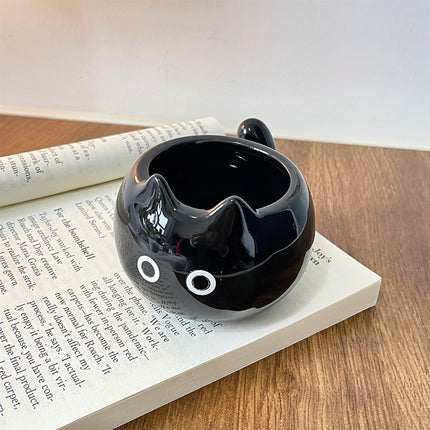 Black Adorable Ceramic Cat Mug - Cute Creative Coffee Cup with Tail Handle (210ml).