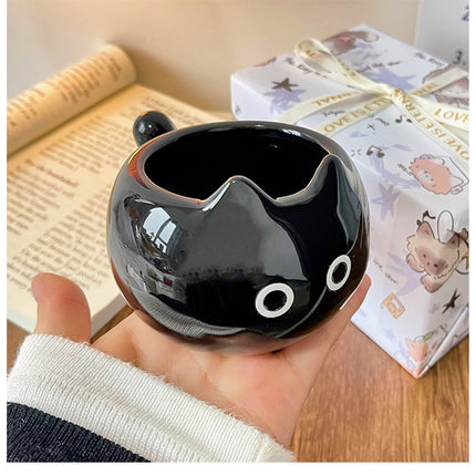 Black Adorable Ceramic Cat Mug - Cute Creative Coffee Cup with Tail Handle (210ml).