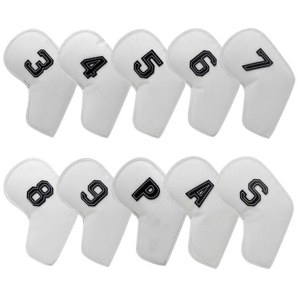 White Golf Iron Head Covers Set of 10 - Waterproof PU Leather Club Protectors with Embroidered Numbers (3-9, P, A, S).