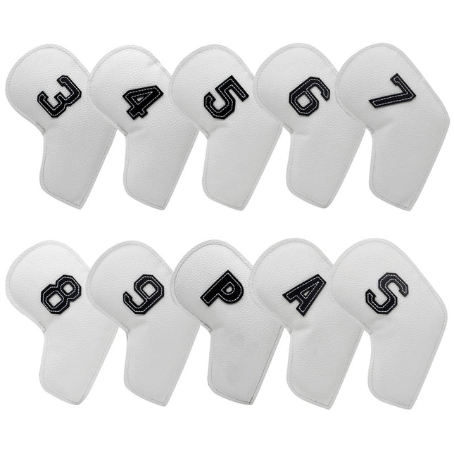 White Golf Iron Head Covers Set of 10 - Waterproof PU Leather Club Protectors with Embroidered Numbers (3-9, P, A, S).