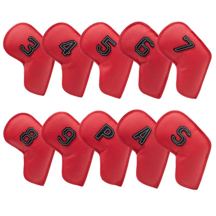 Red Golf Iron Head Covers Set of 10 - Waterproof PU Leather Club Protectors with Embroidered Numbers (3-9, P, A, S).