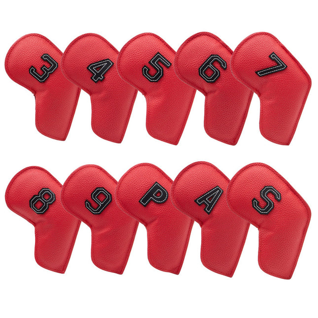 Red Golf Iron Head Covers Set of 10 - Waterproof PU Leather Club Protectors with Embroidered Numbers (3-9, P, A, S).