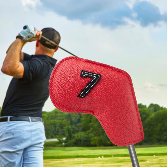 Red Golf Iron Head Covers Set of 10 - Waterproof PU Leather Club Protectors with Embroidered Numbers (3-9, P, A, S).