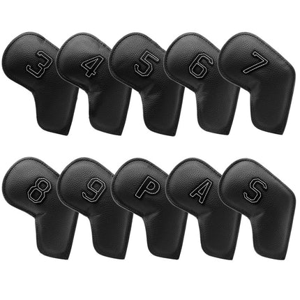 Black Golf Iron Head Covers Set of 10 - Waterproof PU Leather Club Protectors with Embroidered Numbers (3-9, P, A, S).