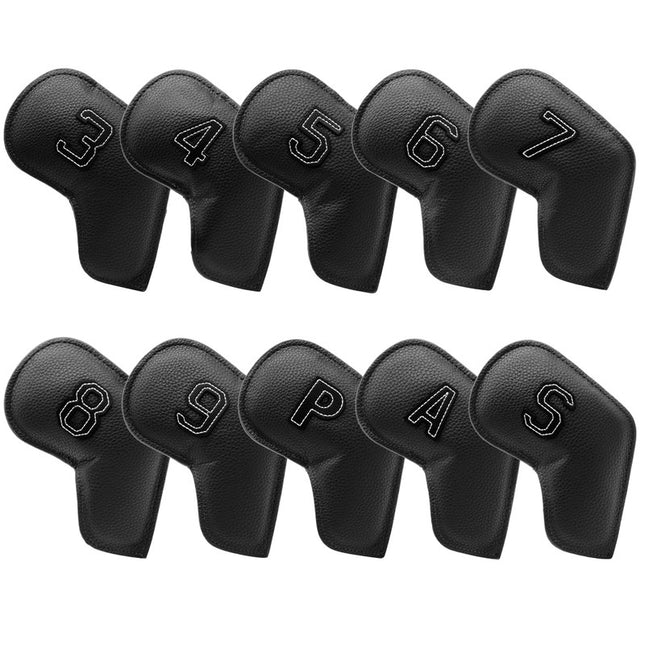 Black Golf Iron Head Covers Set of 10 - Waterproof PU Leather Club Protectors with Embroidered Numbers (3-9, P, A, S).