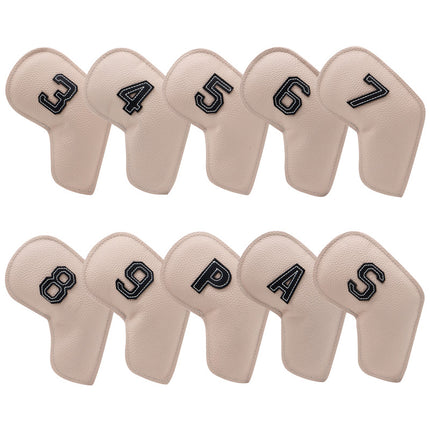 Beige Golf Iron Head Covers Set of 10 - Waterproof PU Leather Club Protectors with Embroidered Numbers (3-9, P, A, S).