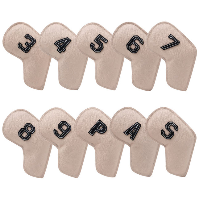 Beige Golf Iron Head Covers Set of 10 - Waterproof PU Leather Club Protectors with Embroidered Numbers (3-9, P, A, S).