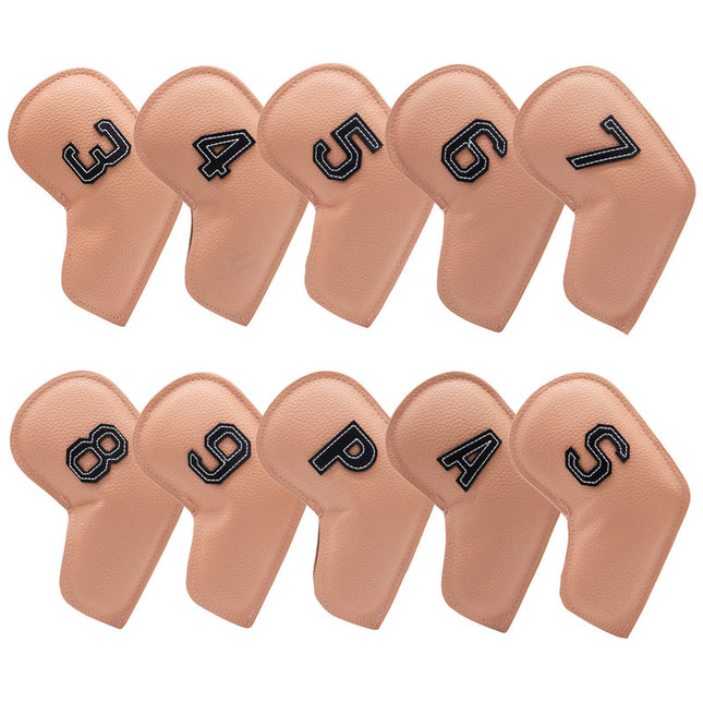 Khaki Golf Iron Head Covers Set of 10 - Waterproof PU Leather Club Protectors with Embroidered Numbers (3-9, P, A, S).