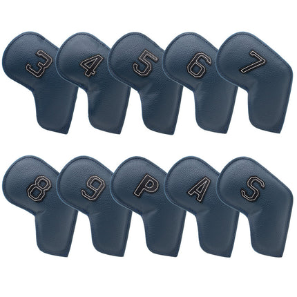 Dark Blue Golf Iron Head Covers Set of 10 - Waterproof PU Leather Club Protectors with Embroidered Numbers (3-9, P, A, S).