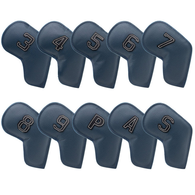 Dark Blue Golf Iron Head Covers Set of 10 - Waterproof PU Leather Club Protectors with Embroidered Numbers (3-9, P, A, S).