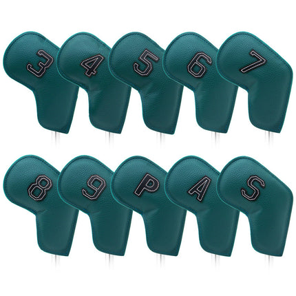 Dark Green Golf Iron Head Covers Set of 10 - Waterproof PU Leather Club Protectors with Embroidered Numbers (3-9, P, A, S).