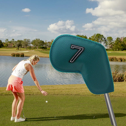 Dark Green Golf Iron Head Covers Set of 10 - Waterproof PU Leather Club Protectors with Embroidered Numbers (3-9, P, A, S).
