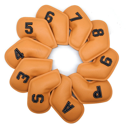 Yellow Golf Iron Head Covers Set of 10 - Waterproof PU Leather Club Protectors with Embroidered Numbers (3-9, P, A, S).