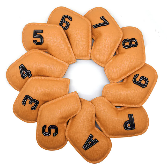 Yellow Golf Iron Head Covers Set of 10 - Waterproof PU Leather Club Protectors with Embroidered Numbers (3-9, P, A, S).