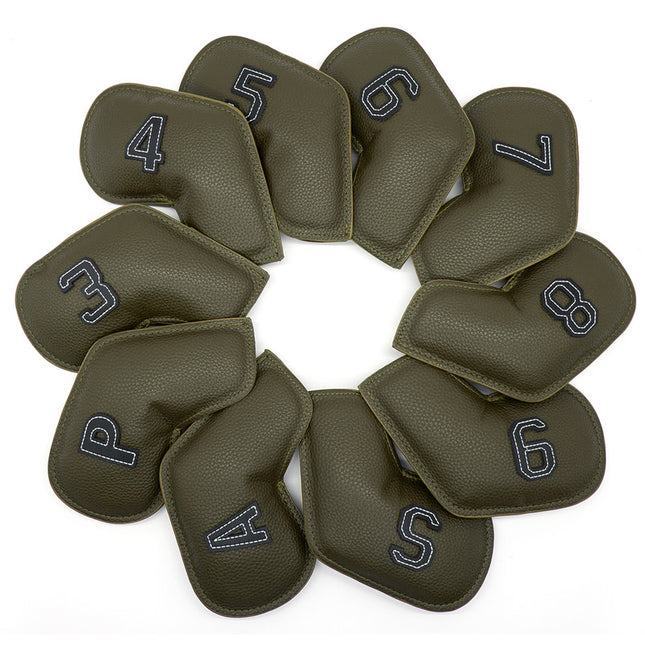 Gray Green Golf Iron Head Covers Set of 10 - Waterproof PU Leather Club Protectors with Embroidered Numbers (3-9, P, A, S).