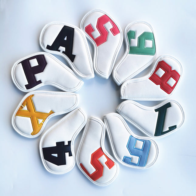 Colorful Words On White Background PU Leather Golf Iron Headcovers Set (10pcs) - Numbered Protective Club Covers (4-9, P, A, S, L) Universal Fit.