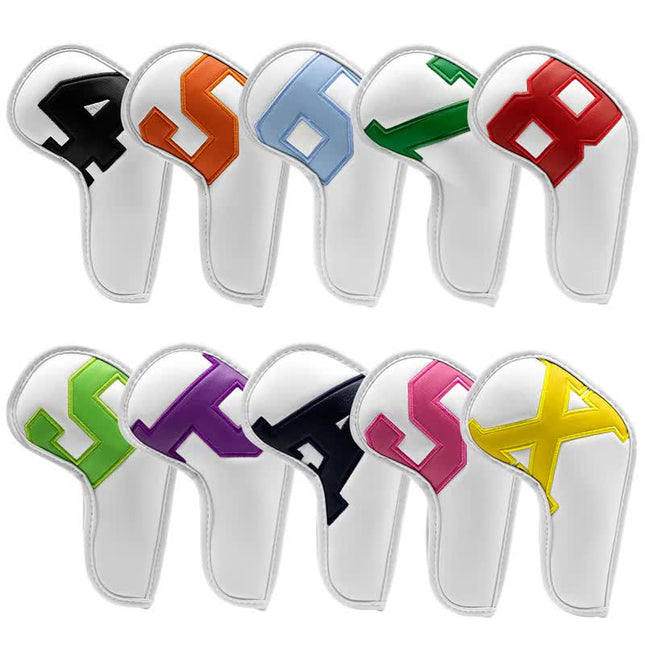 Colorful Words On White Background PU Leather Golf Iron Headcovers Set (10pcs) - Numbered Protective Club Covers (4-9, P, A, S, L) Universal Fit.