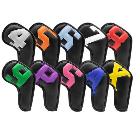 Colorful Words On Black Background PU Leather Golf Iron Headcovers Set (10pcs) - Numbered Protective Club Covers (4-9, P, A, S, L) Universal Fit.