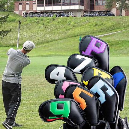 Colorful Words On Black Background PU Leather Golf Iron Headcovers Set (10pcs) - Numbered Protective Club Covers (4-9, P, A, S, L) Universal Fit.