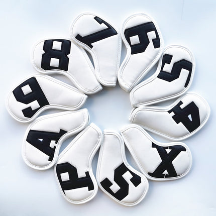 Black Words On White Background PU Leather Golf Iron Headcovers Set (10pcs) - Numbered Protective Club Covers (4-9, P, A, S, L) Universal Fit.