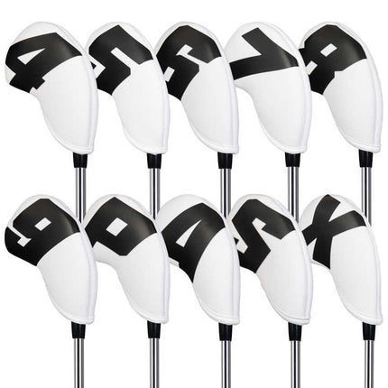 Black Words On White Background PU Leather Golf Iron Headcovers Set (10pcs) - Numbered Protective Club Covers (4-9, P, A, S, L) Universal Fit.
