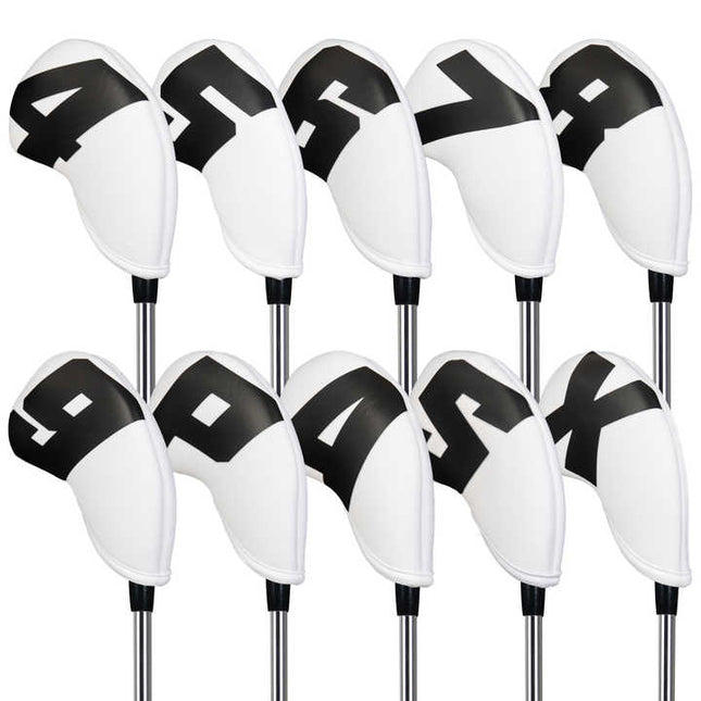 Black Words On White Background PU Leather Golf Iron Headcovers Set (10pcs) - Numbered Protective Club Covers (4-9, P, A, S, L) Universal Fit.