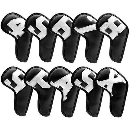 White Words On Black Background PU Leather Golf Iron Headcovers Set (10pcs) - Numbered Protective Club Covers (4-9, P, A, S, L) Universal Fit.