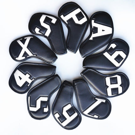 White Words On Black Background PU Leather Golf Iron Headcovers Set (10pcs) - Numbered Protective Club Covers (4-9, P, A, S, L) Universal Fit.