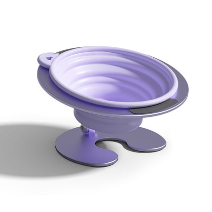 Purple Foldable Elevated Pet Bowl Set - Tilted Ergonomic Cat Feeder with Aluminum Stand & Silicone Bowl.